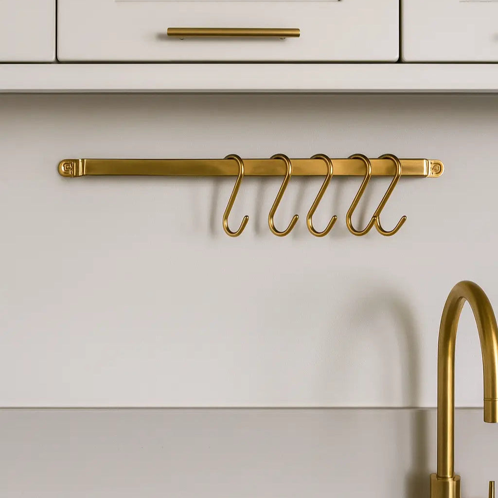 Unlacquered flat brass pot rack with S-hooks for stylish kitchen storage – Atlas Finest