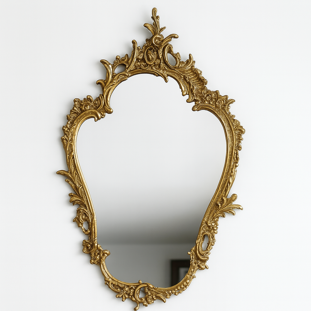 Elegant Victorian brass mirror with intricate craftsmanship in unlacquered brass finish, vintage wall decor.
