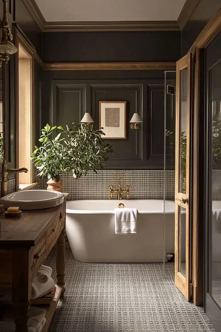 Luxury bathroom with unlacquered brass fixtures, freestanding tub, and dark paneling for an old money aesthetic