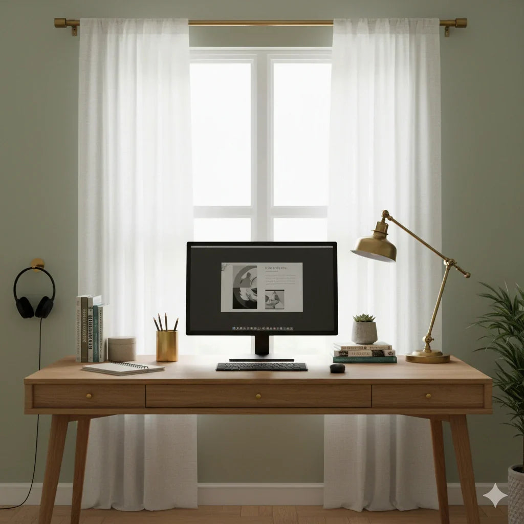 A stylish and organized back-to-school room with unlacquered brass curtain rods and hooks, a tidy wooden desk, and a cozy bed with a plaid duvet
