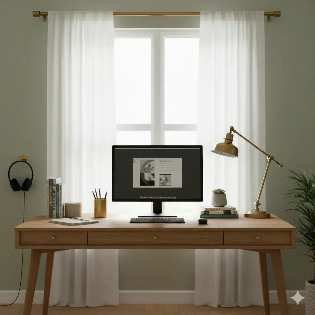 A stylish and organized back-to-school room with unlacquered brass curtain rods and hooks, a tidy wooden desk, and a cozy bed with a plaid duvet