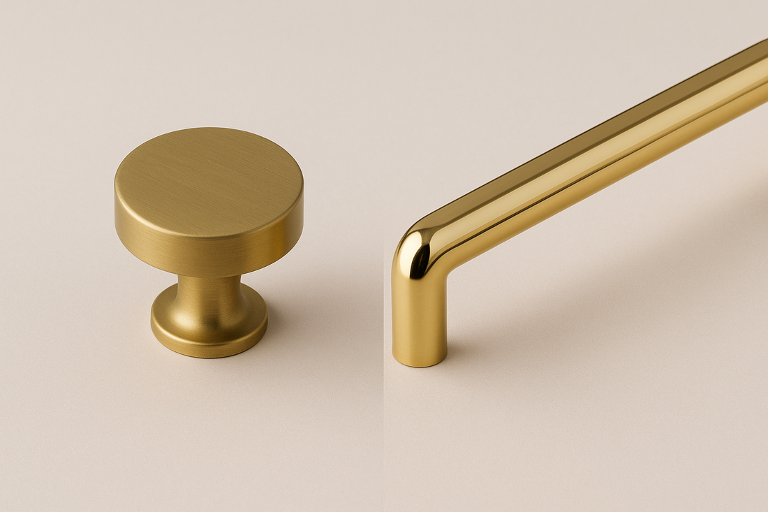 A side-by-side comparison of two brass finishes: on the left, a matte brass knob with a soft, brushed texture and muted golden tone; on the right, a polished brass handle with a glossy, reflective surface that shines brightly under the light.