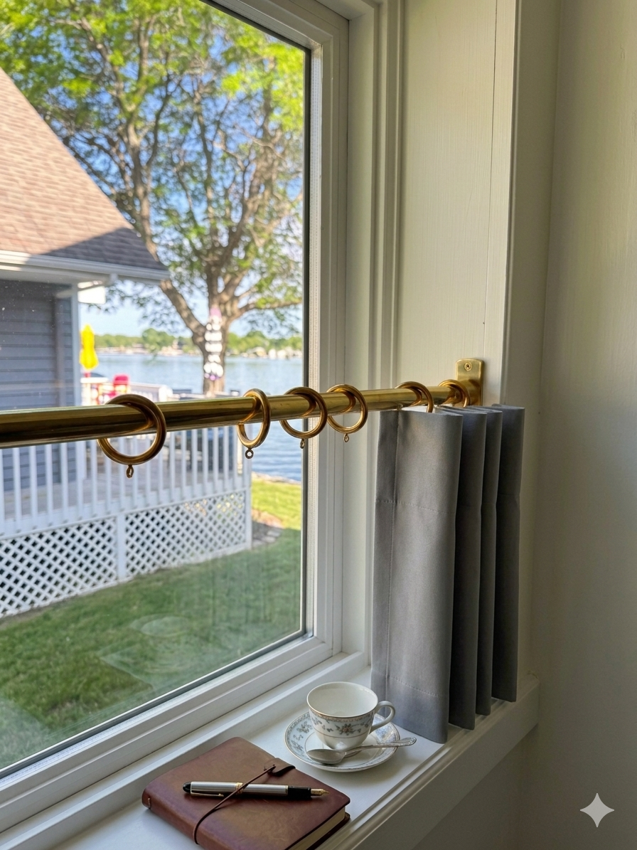 Close-up of a polished brass curtain rod mounted on a matte white textured wall with soft natural lighting