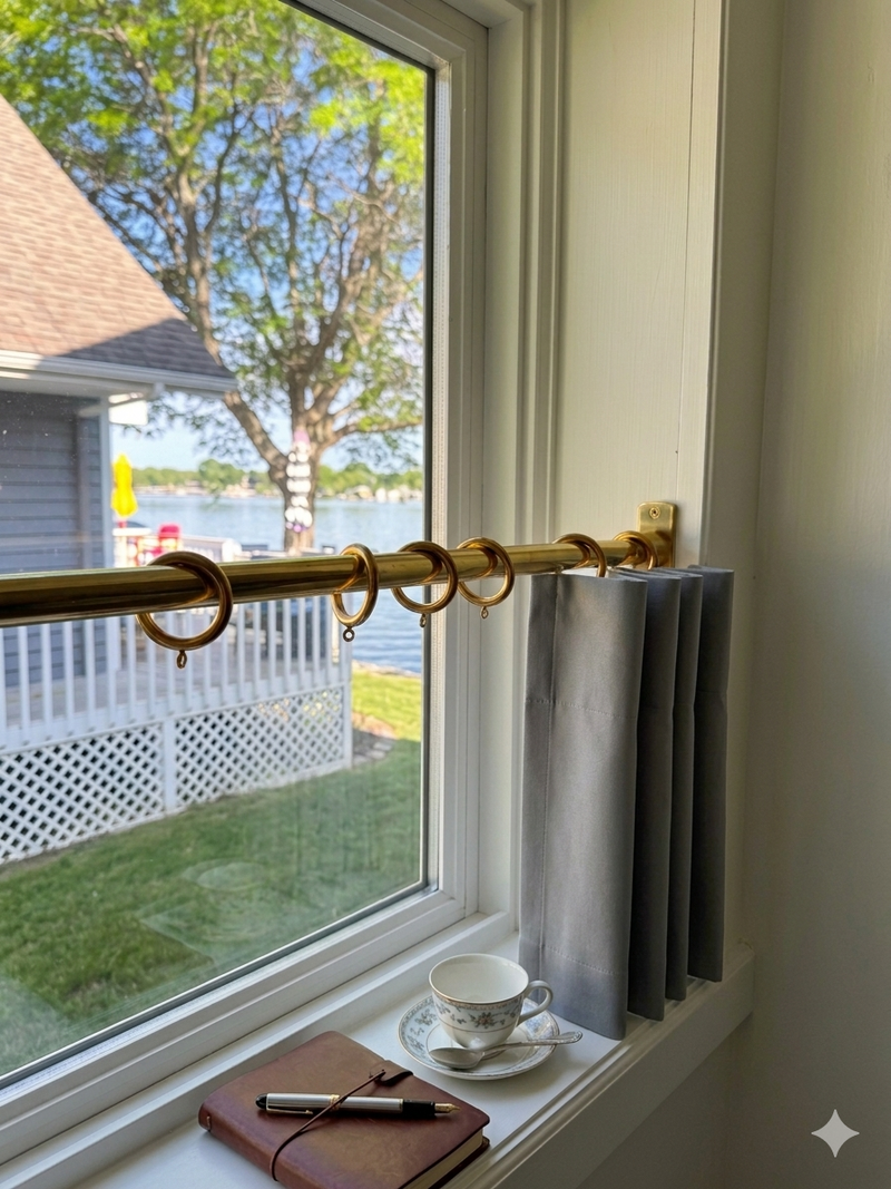 Close-up of a polished brass curtain rod mounted on a matte white textured wall with soft natural lighting