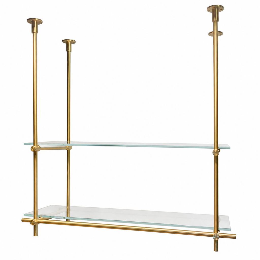 Ceiling Only Mounted Brass Shelving With Glass, 40 inches x 50 inches x 10 inches