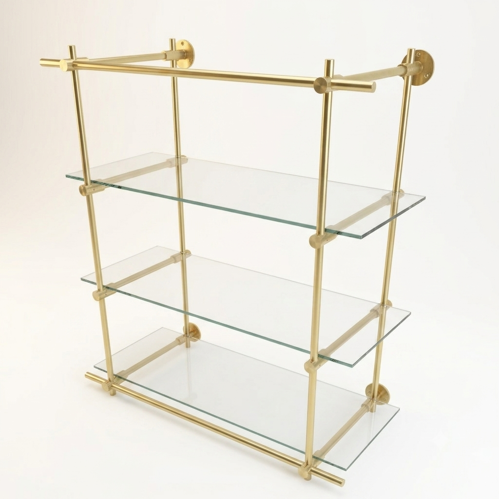 Wall Mounted Brass Shelving With Glass, 35 inches x 50 inches x 10 inches, 3 Shelves 1 Bay
