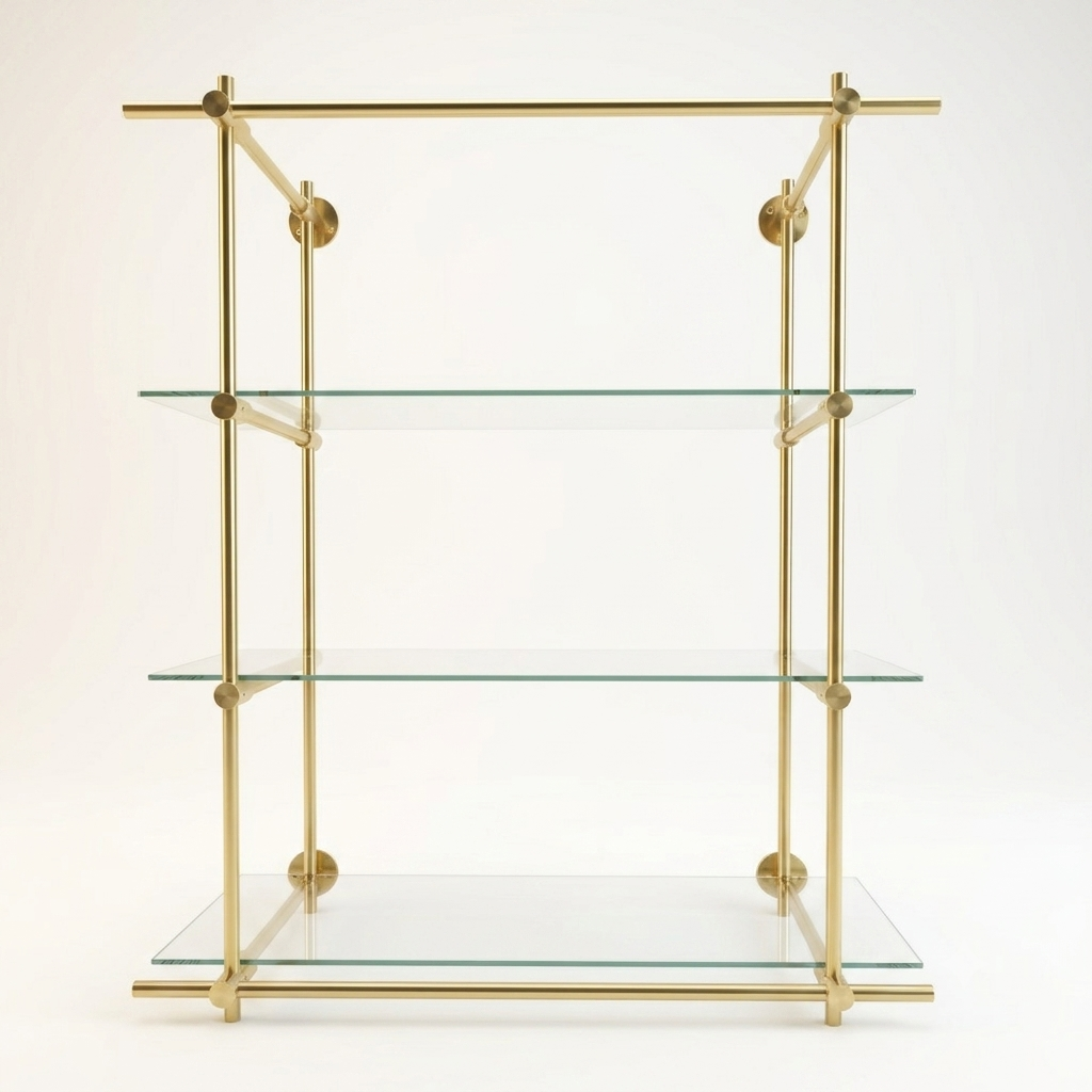 Wall Mounted Brass Shelving With Glass, 35 inches x 50 inches x 10 inches, 3 Shelves 1 Bay