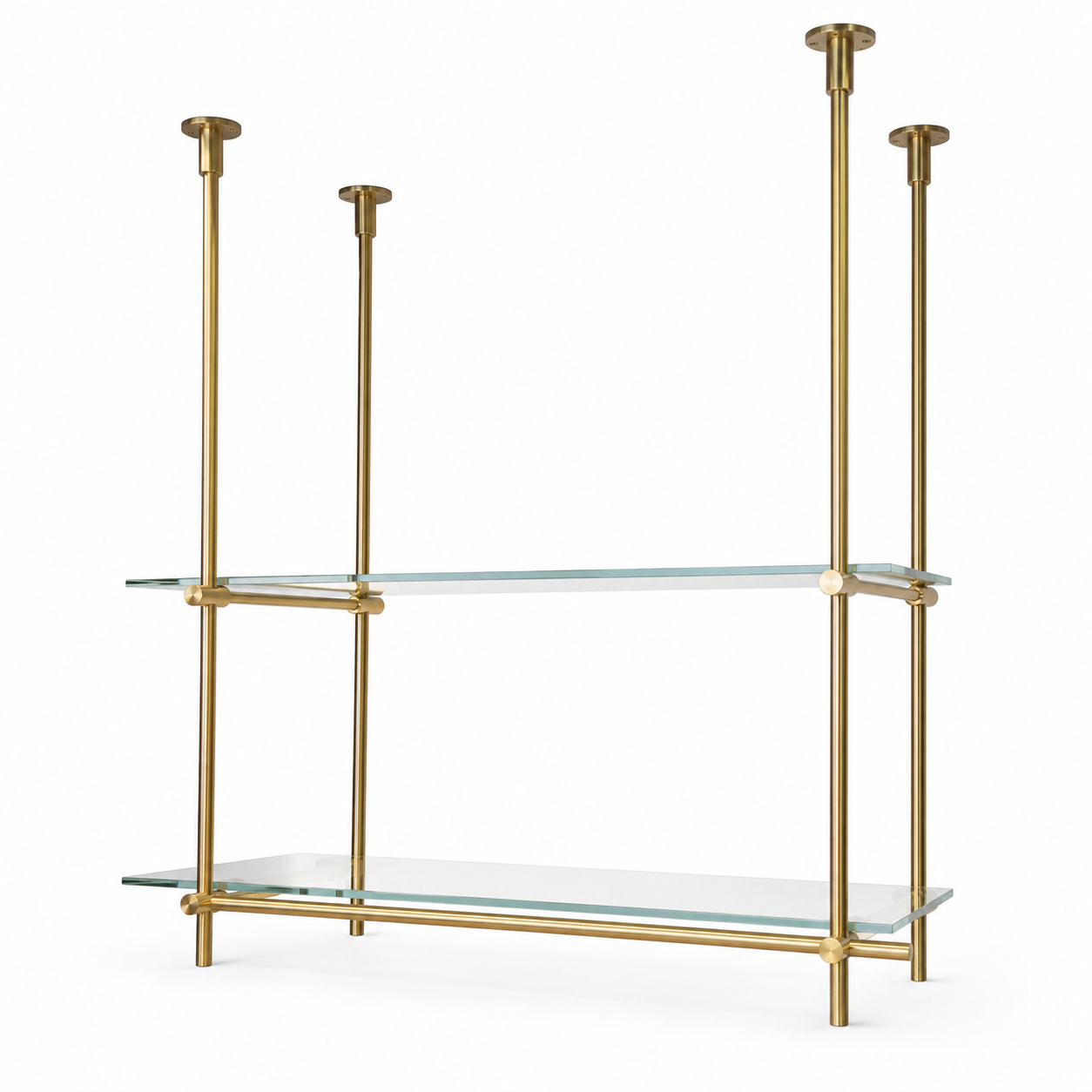 Ceiling Only Mounted Brass Shelving With Glass, 40 inches x 50 inches x 10 inches