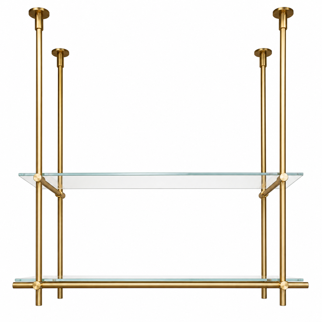 Ceiling Only Mounted Brass Shelving With Glass, 40 inches x 50 inches x 10 inches