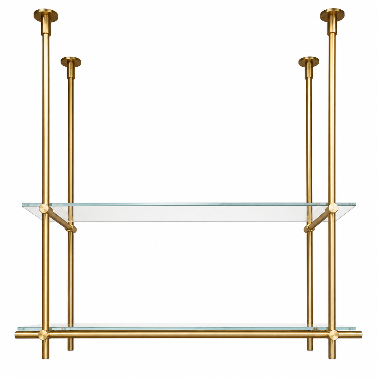 Ceiling Only Mounted Brass Shelving With Glass, 40 inches x 50 inches x 10 inches