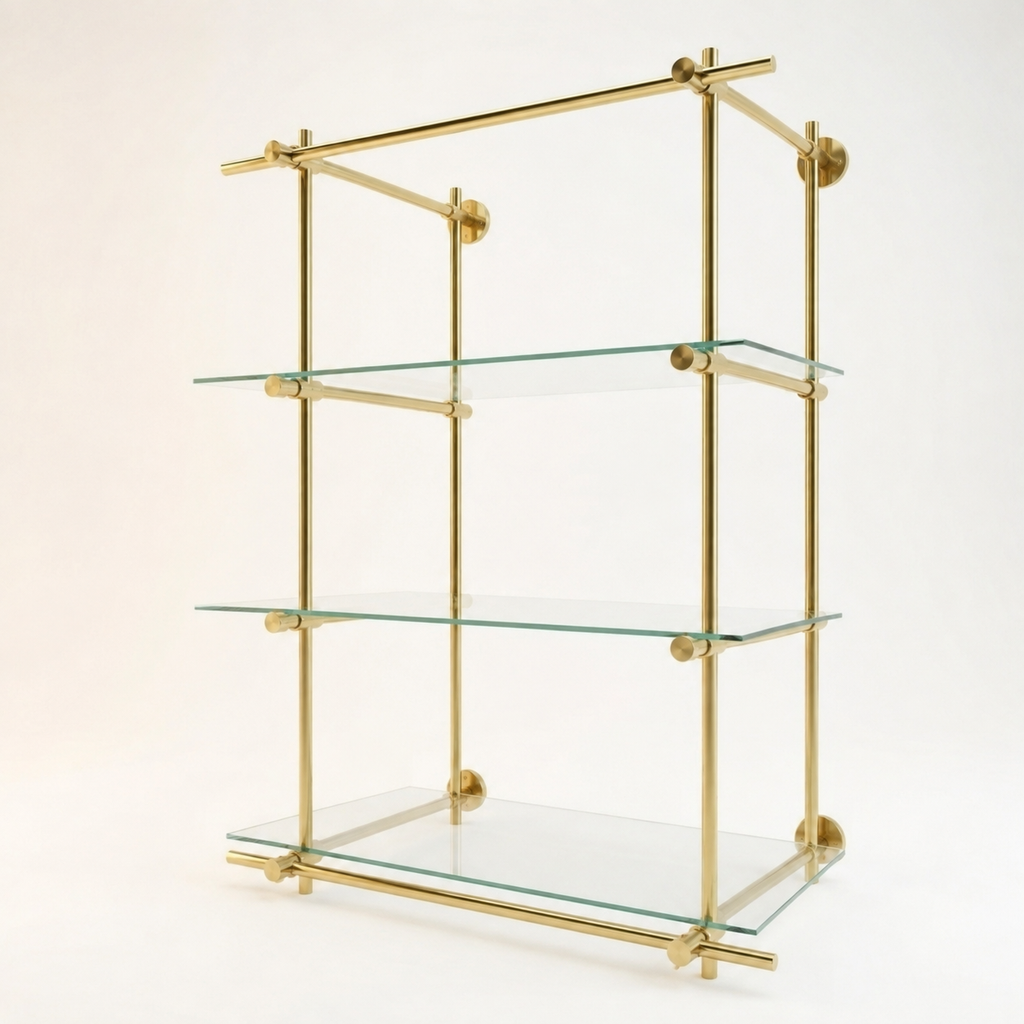 Wall Mounted Brass Shelving With Glass, 35 inches x 50 inches x 10 inches, 3 Shelves 1 Bay