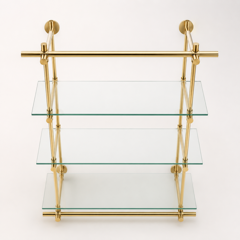 Wall Mounted Brass Shelving With Glass, 35 inches x 50 inches x 10 inches, 3 Shelves 1 Bay