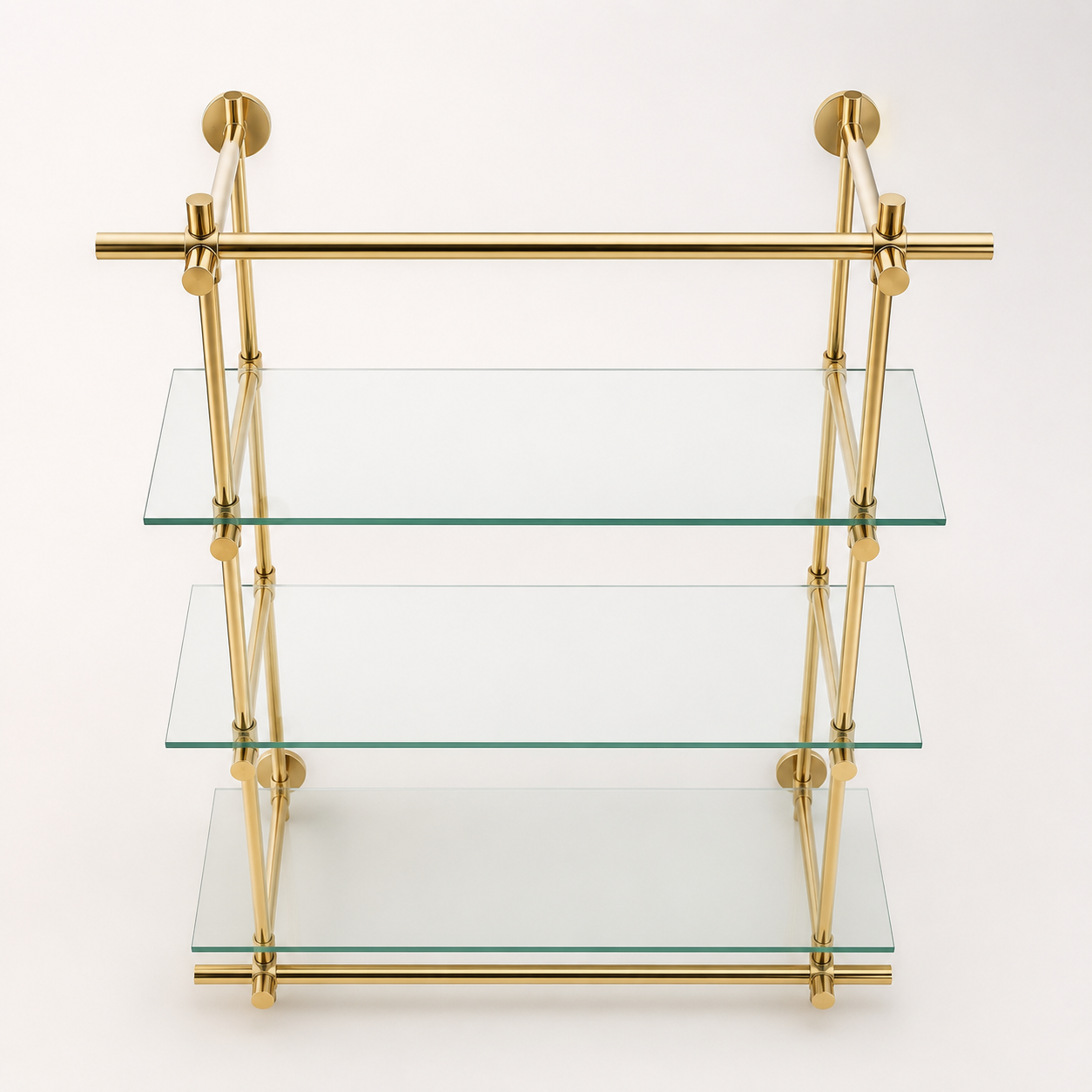 Wall Mounted Brass Shelving With Glass, 35 inches x 50 inches x 10 inches, 3 Shelves 1 Bay