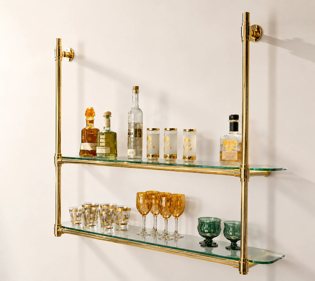 Wall-Mounted Solid Brass Bistro Shelving with Glass, 2-Shelf Display Unit – 40″ Wide