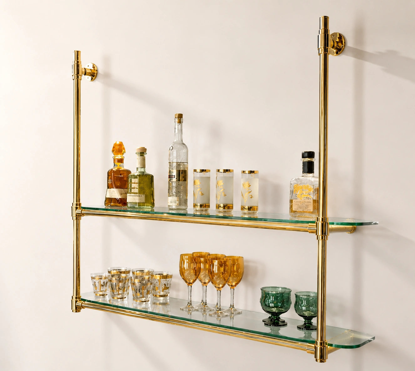 Wall-Mounted Solid Brass Bistro Shelving with Glass, 2-Shelf Display Unit – 40″ Wide
