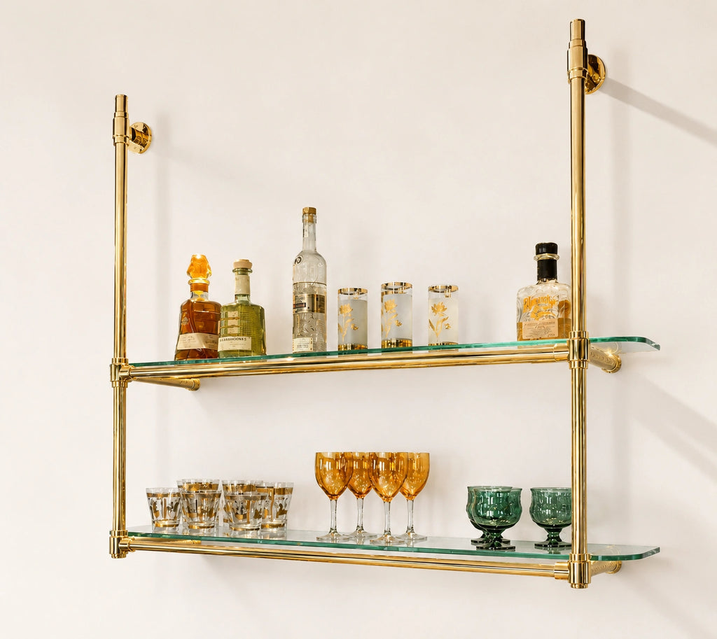Wall-Mounted Solid Brass Bistro Shelving with Glass, 2-Shelf Display Unit – 40″ Wide