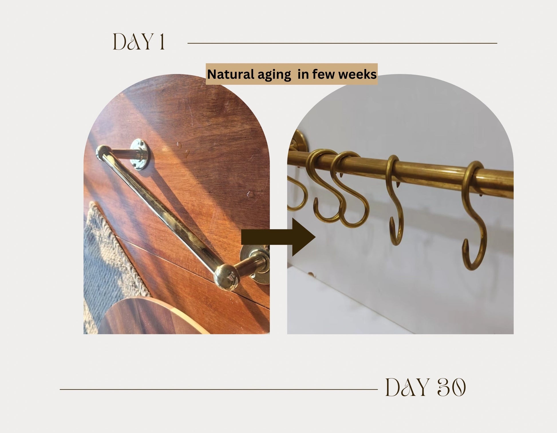 ATLAS Unlacquered brass kitchen rod natural aging process – transformation from polished finish on day 1 to rich antique patina after 30 days – Atlas Finest handcrafted brass hardwareFINEST POT RACK 