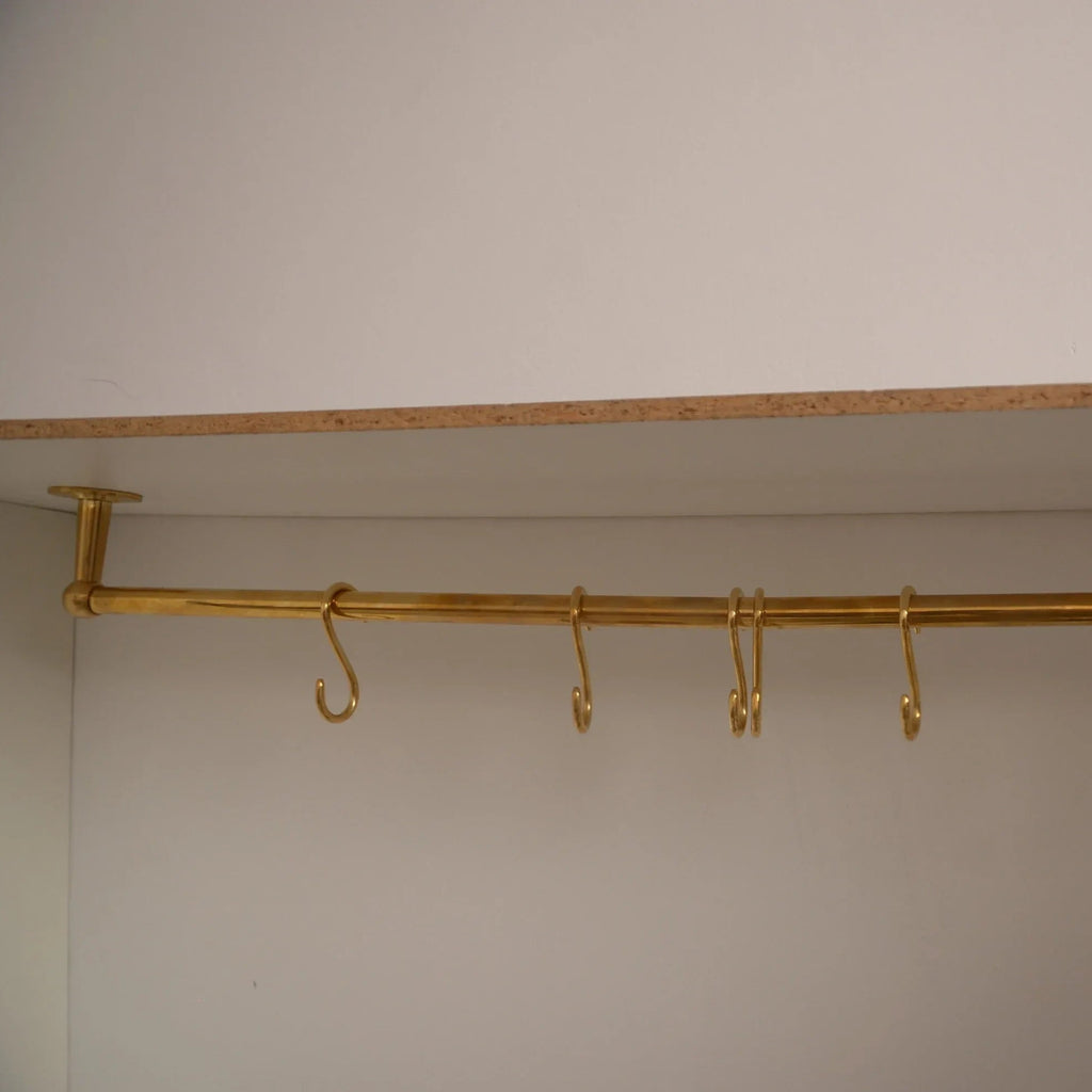 Unlacquered brass and copper kitchen rod with S-hooks for utensils – Atlas Finest