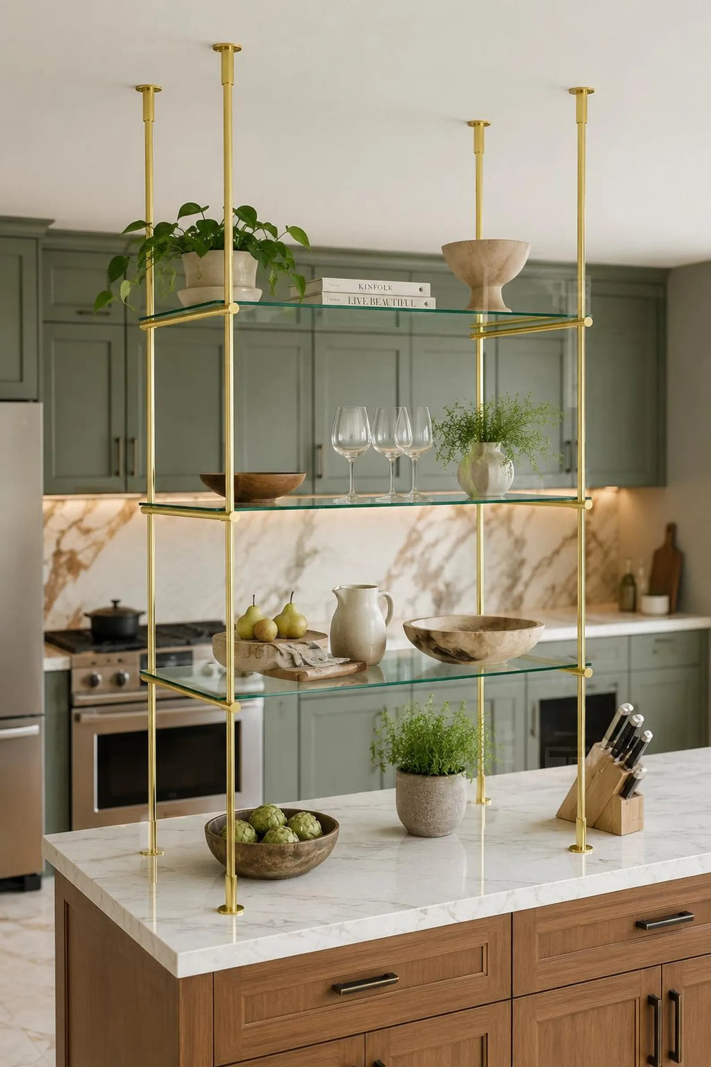 Brass Bistro Shelving, Ceiling & Countertop Glass Shelf, Custom Brass Shelves