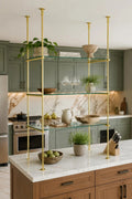 Brass Bistro Shelving, Ceiling & Countertop Glass Shelf, Custom Brass Shelves