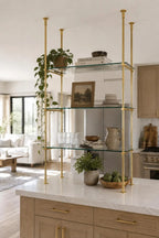 Brass Bistro Shelving, Ceiling & Countertop Glass Shelf, Custom Brass Shelves