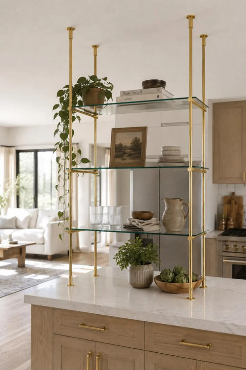 Brass Bistro Shelving, Ceiling & Countertop Glass Shelf, Custom Brass Shelves