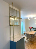 Brass Bistro Shelving, Ceiling & Countertop Glass Shelf, Custom Brass Shelves