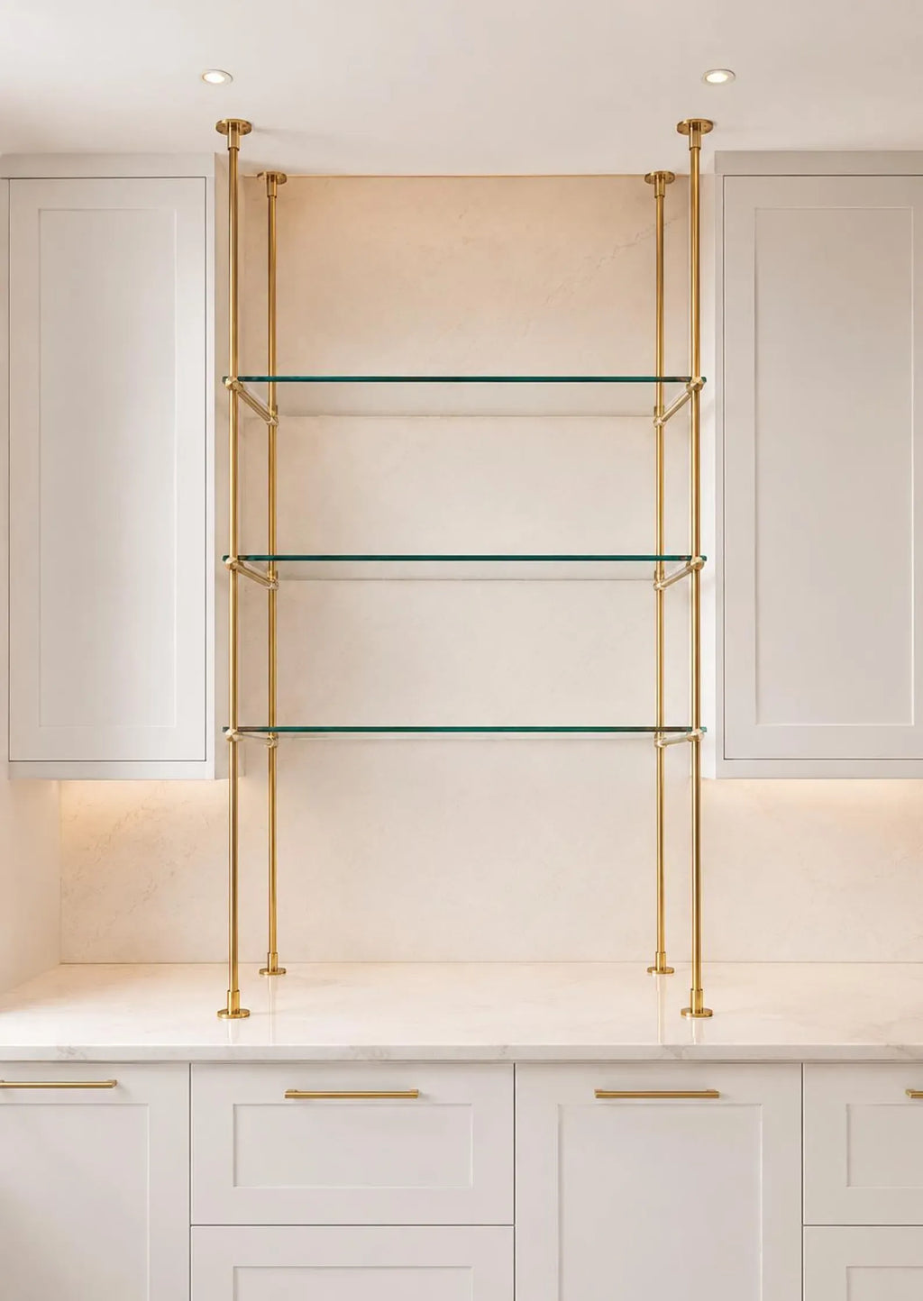 Brass Bistro Shelving, Ceiling & Countertop Glass Shelf, Custom Brass Shelves