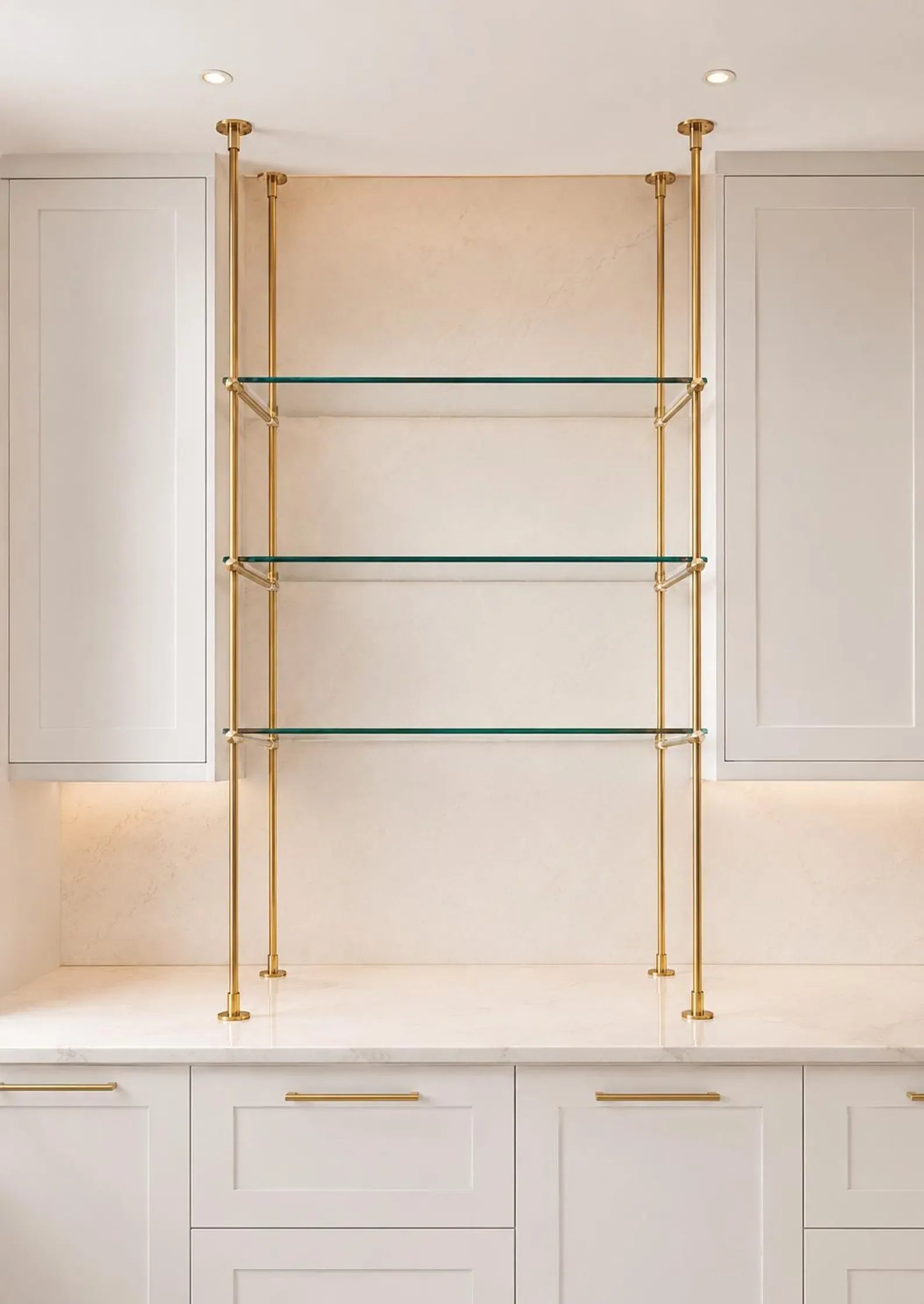 Brass Bistro Shelving, Ceiling & Countertop Glass Shelf, Custom Brass Shelves