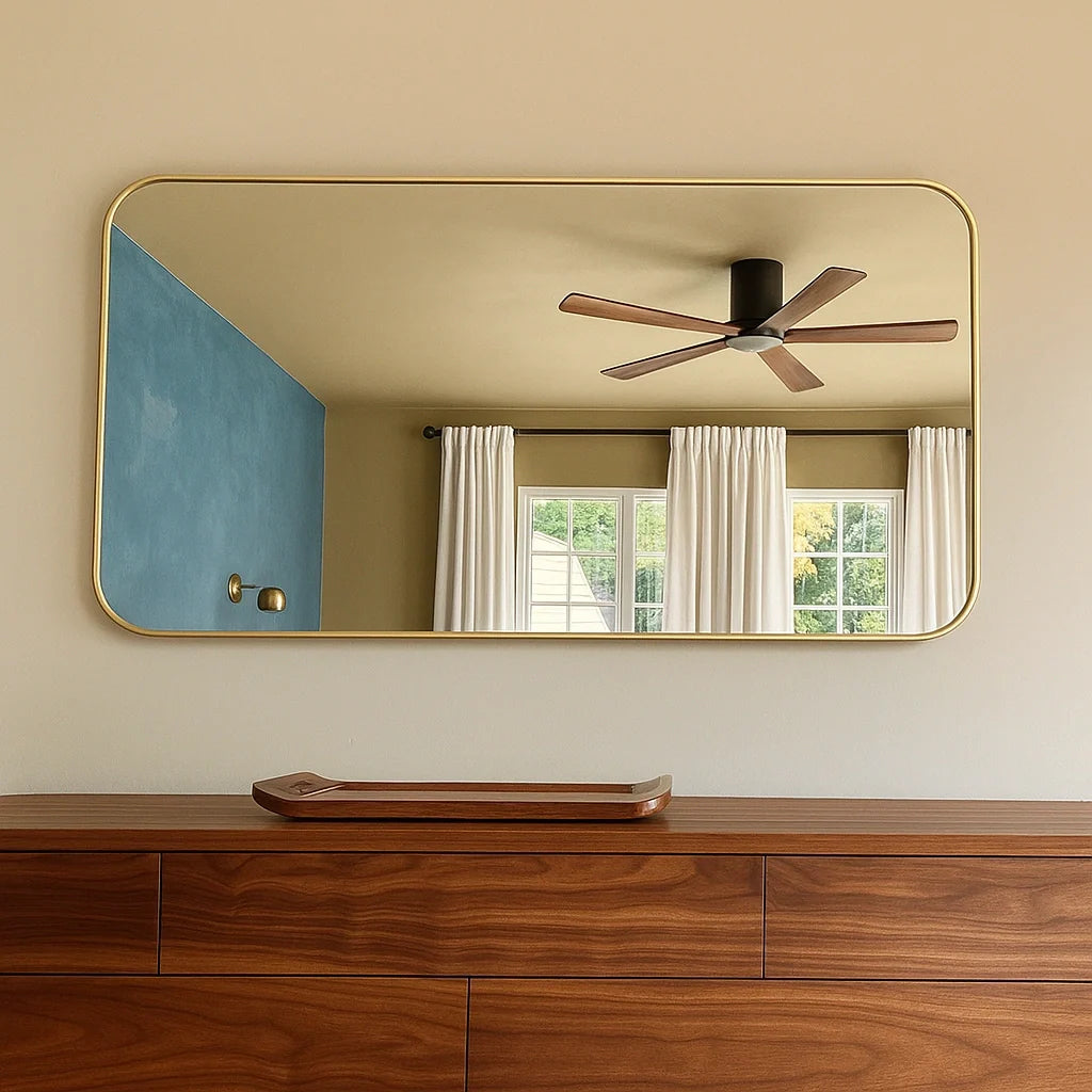 Horizontal brass mirror with an unlacquered brass frame above a wooden dresser, showcasing elegant craftsmanship and modern interior design