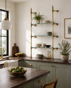 Vintage Brass Shelving Unit — Single Bay Countertop with Glass (45" W x 55" H x 12" D)