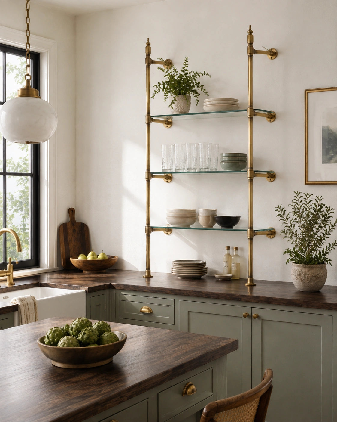 Vintage Brass Shelving Unit — Single Bay Countertop with Glass (45" W x 55" H x 12" D)