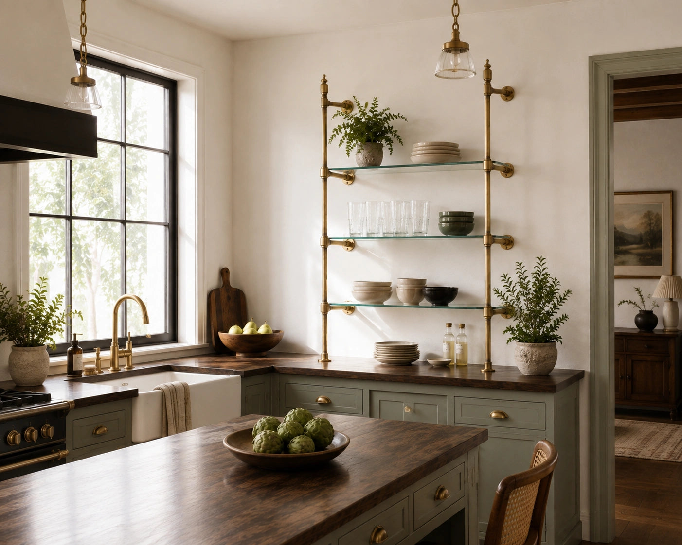 Vintage Brass Shelving Unit — Single Bay Countertop with Glass (45" W x 55" H x 12" D)