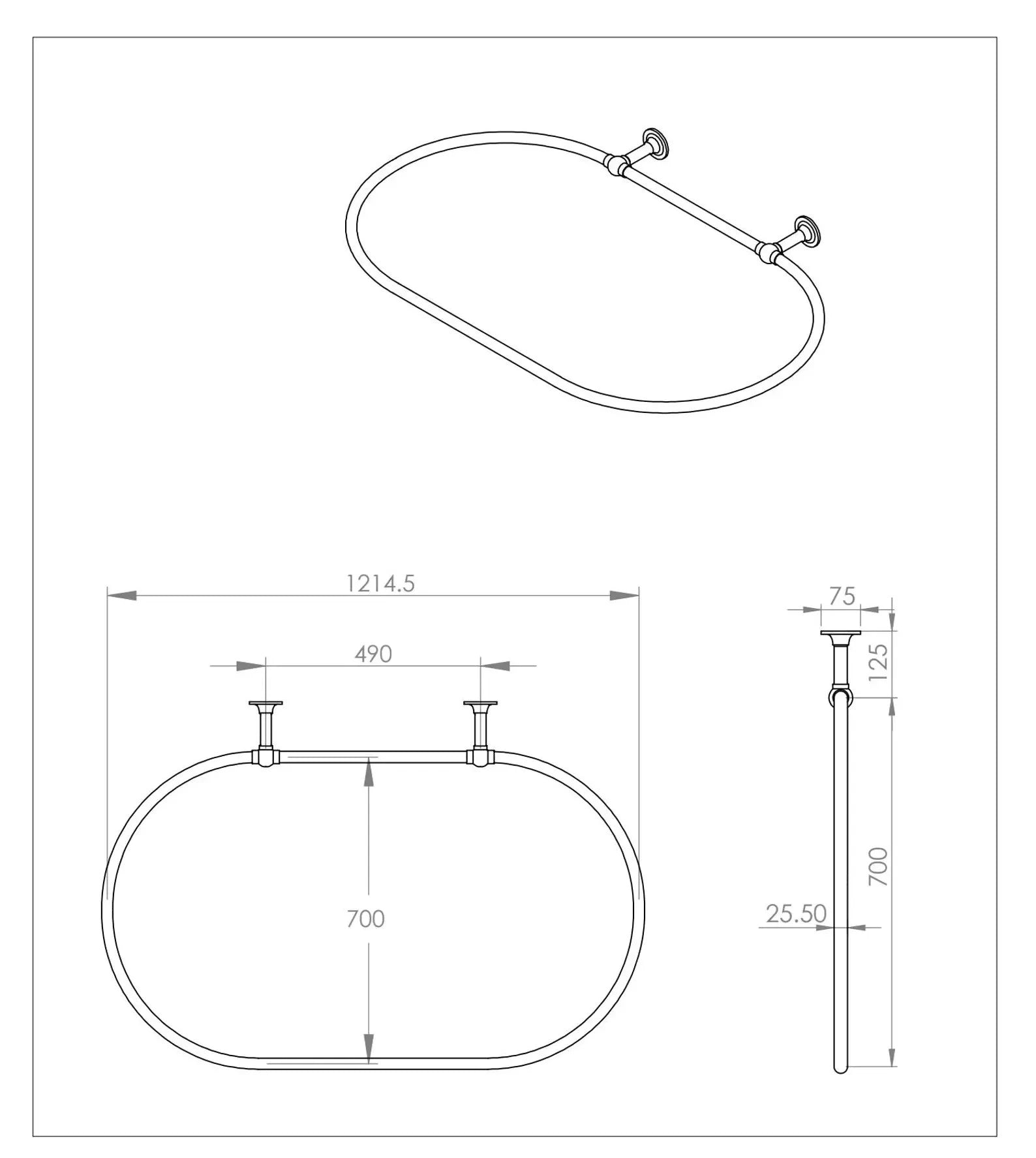 Technical drawing of brass shower curtain rod with oval bathroom rail for shower covering