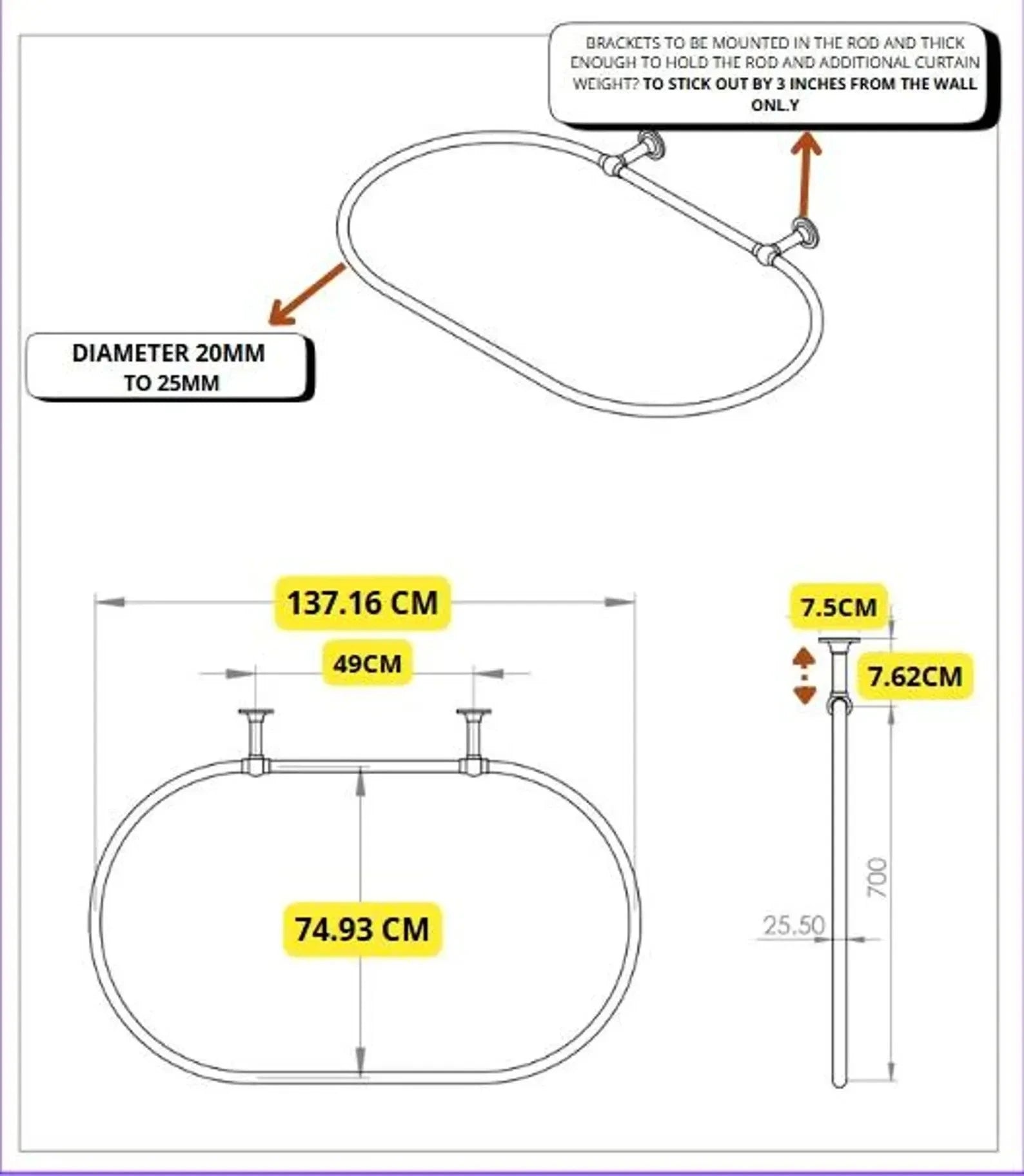 Technical drawing of brass shower curtain rod with oval bathroom rail for shower covering