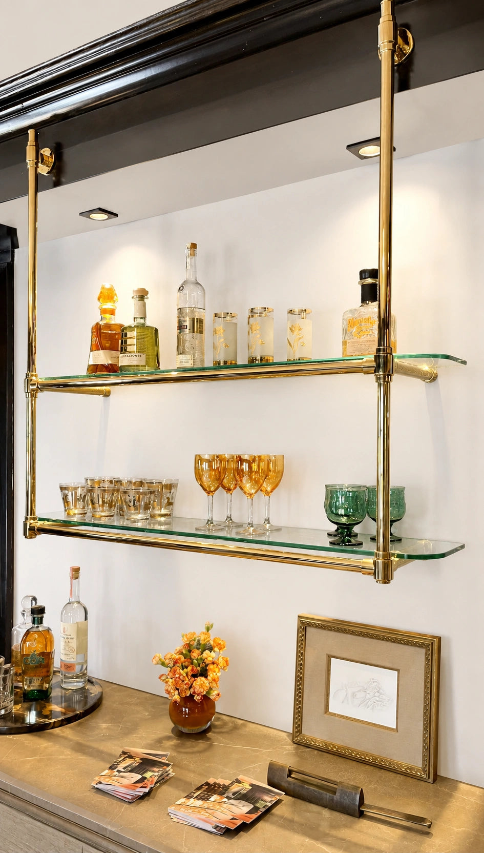 Wall-Mounted Solid Brass Bistro Shelving with Glass, 2-Shelf Display Unit – 40″ Wide