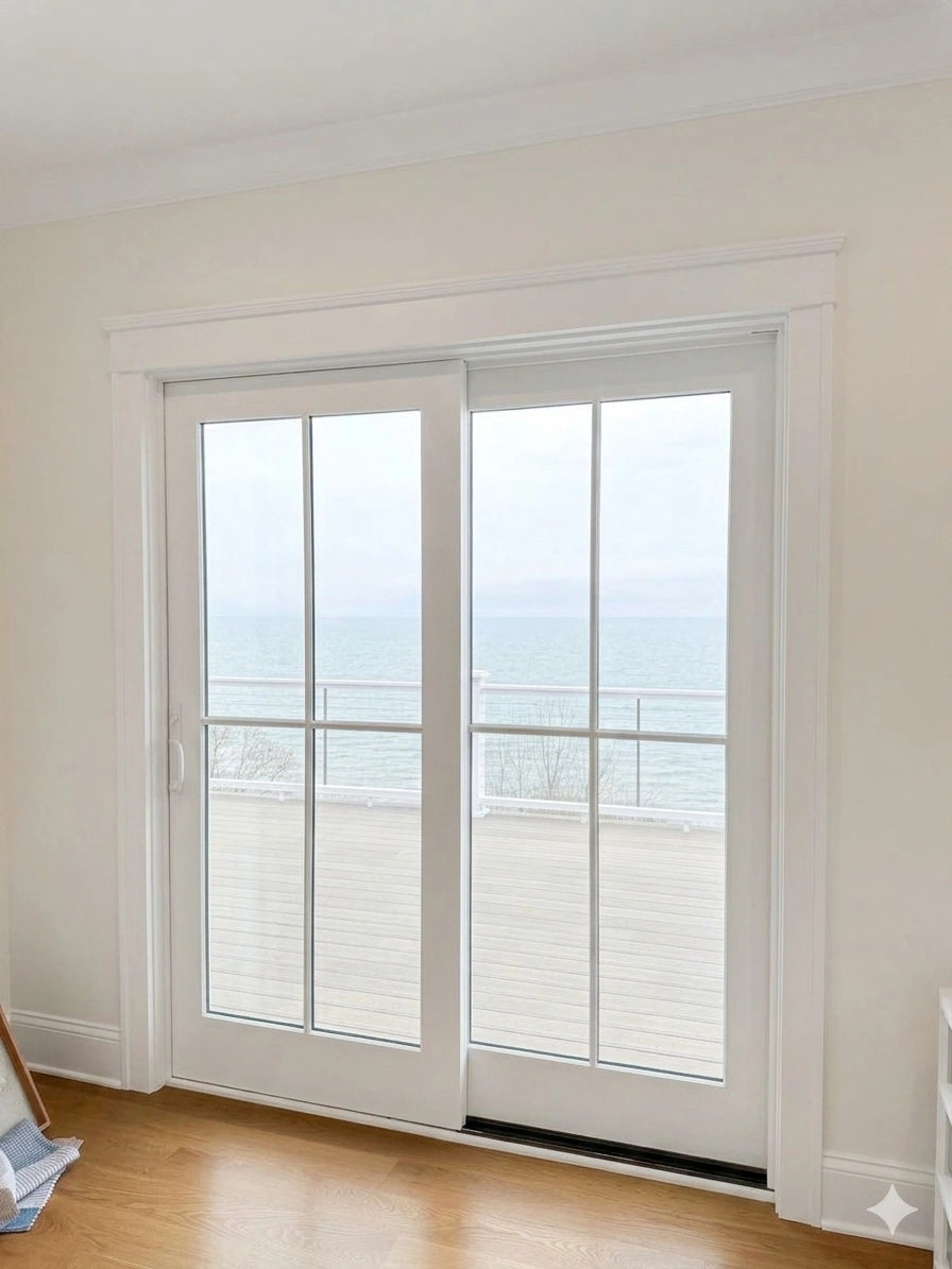 White sliding glass door in a room with light-colored walls and wooden floor.