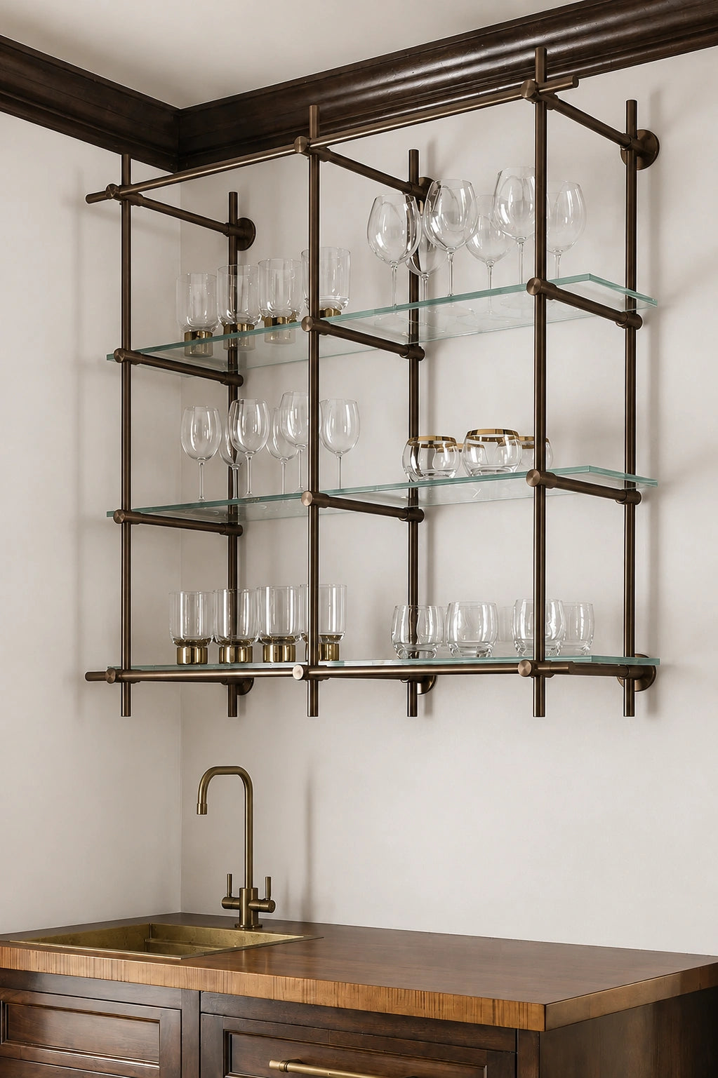 Wall-Mounted Bronze Brass Bistro Shelving with Glass, 2-Bay – 50” Wide