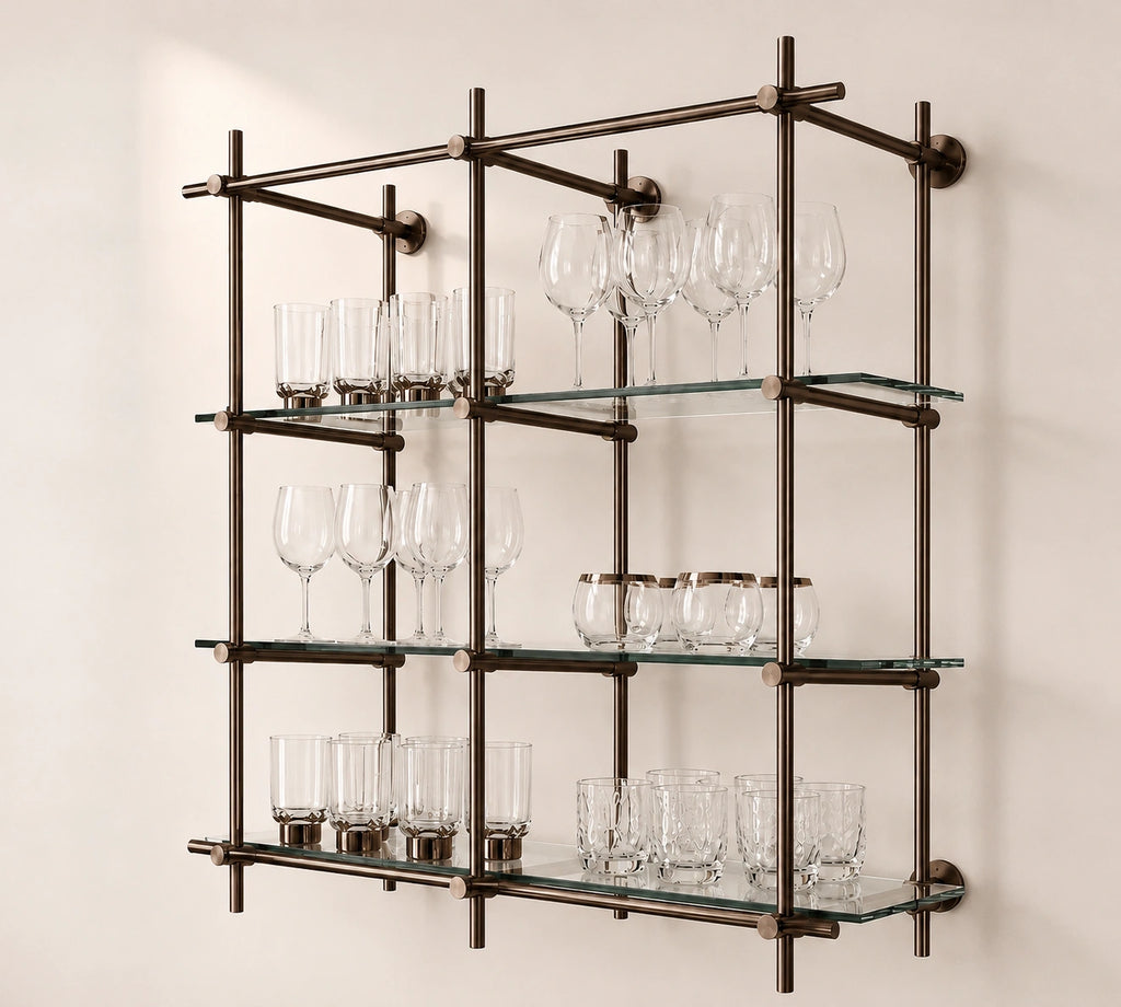 Wall-Mounted Bronze Brass Bistro Shelving with Glass, 2-Bay – 50” Wide