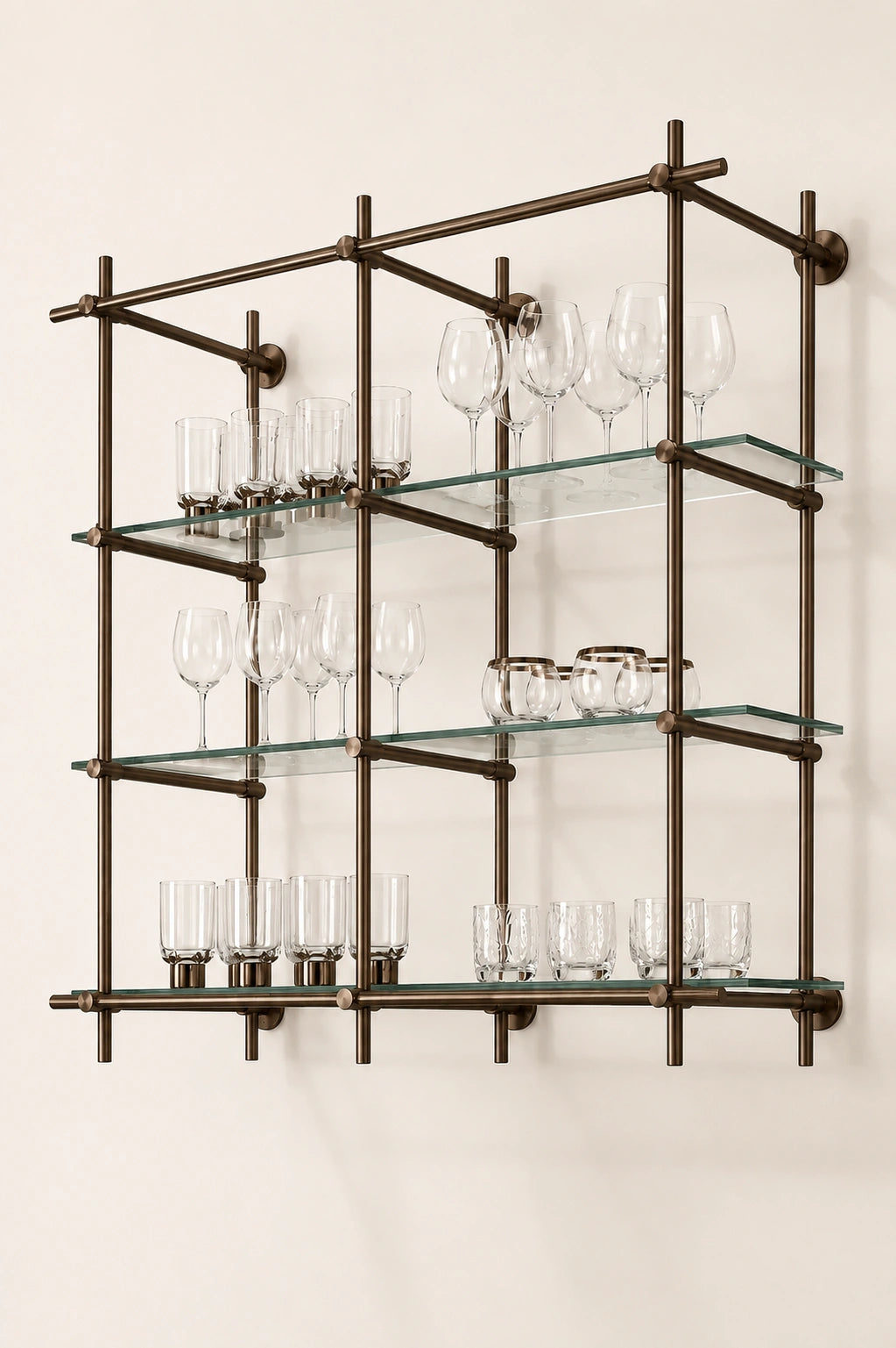 Wall-Mounted Bronze Brass Bistro Shelving with Glass, 2-Bay – 50” Wide