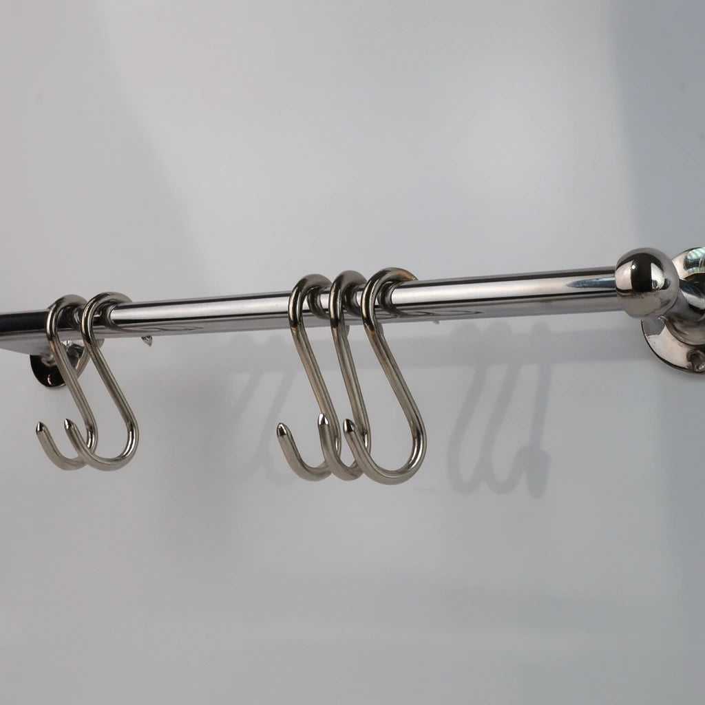 Chrome pot rail made from solid brass with polished chrome finish, featuring four S-hooks, perfect for modern kitchen organization and utensil storage – Atlas Finest
