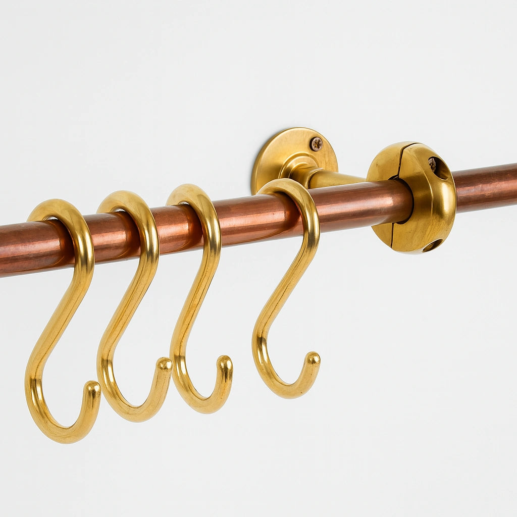Handcrafted Solid Copper Pot Rack with Brass S-Hooks