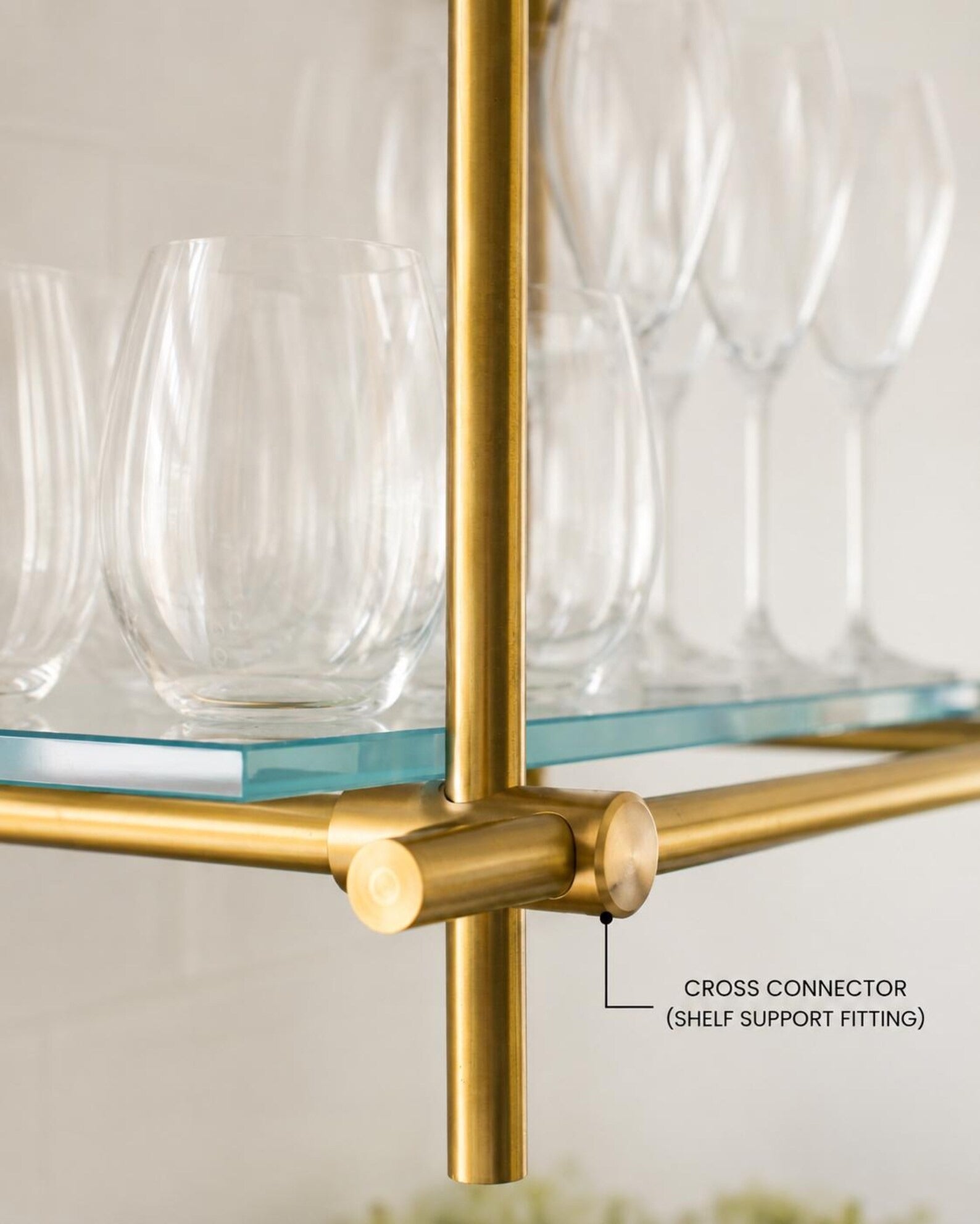 Ceiling Mounted Brass Bistro Shelving with Glass Shelves,  15" Deep Kitchen Shelf | Wine Display & Coffee Bar Shelf