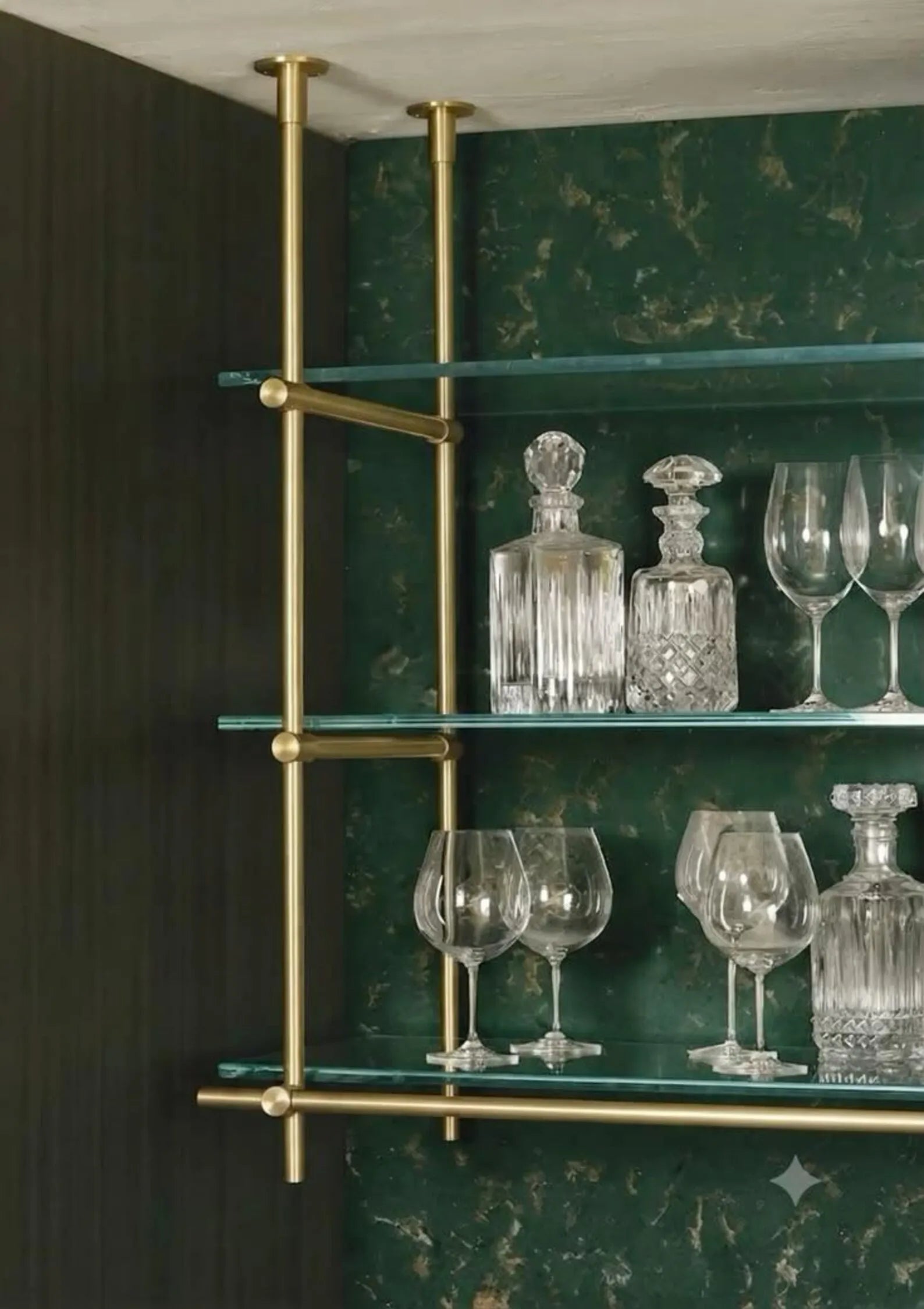 Ceiling Mounted Brass Bistro Shelving with Glass Shelves,  15" Deep Kitchen Shelf | Wine Display & Coffee Bar Shelf