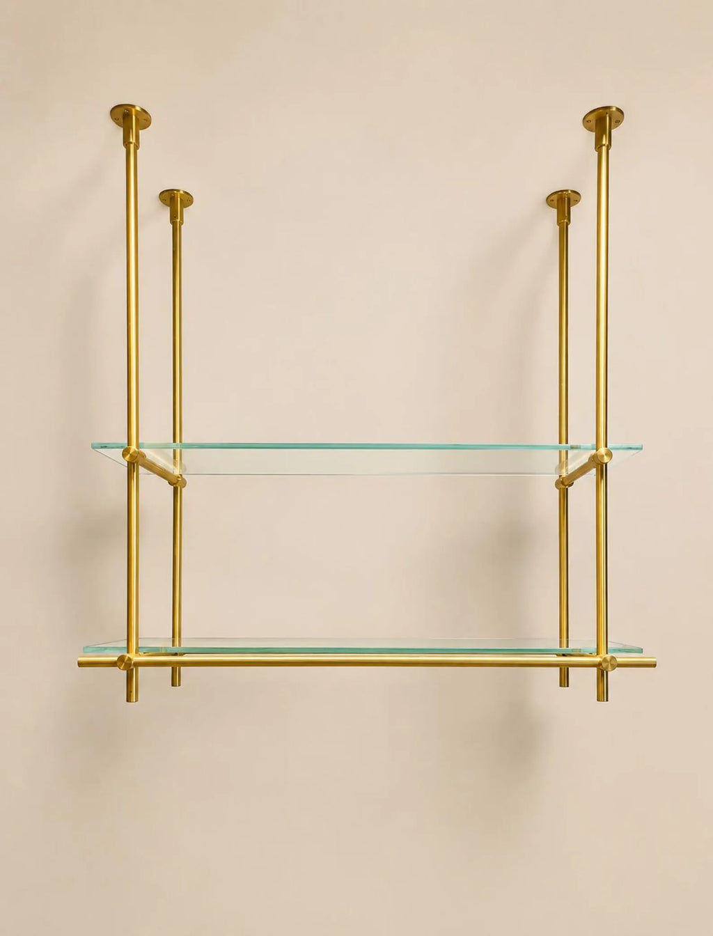 Ceiling Mounted Brass Bistro Shelving with Glass Shelves,  15" Deep Kitchen Shelf | Wine Display & Coffee Bar Shelf