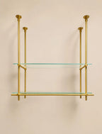 Ceiling Mounted Brass Bistro Shelving with Glass Shelves,  15" Deep Kitchen Shelf | Wine Display & Coffee Bar Shelf