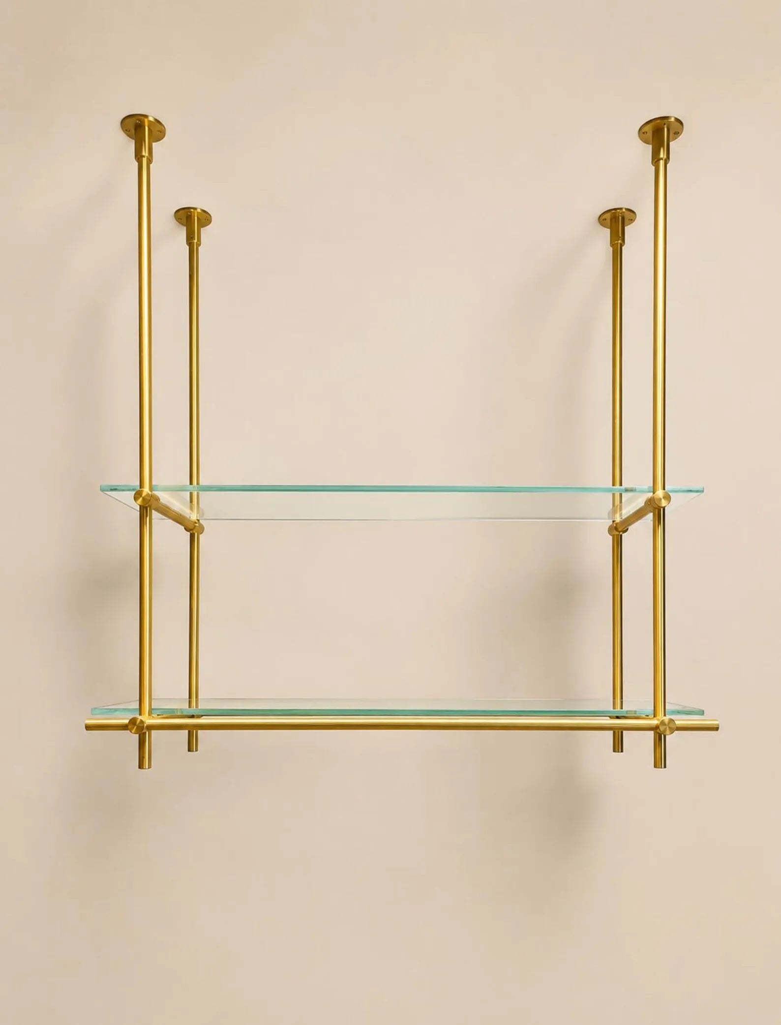 Ceiling Mounted Brass Bistro Shelving with Glass Shelves,  15" Deep Kitchen Shelf | Wine Display & Coffee Bar Shelf
