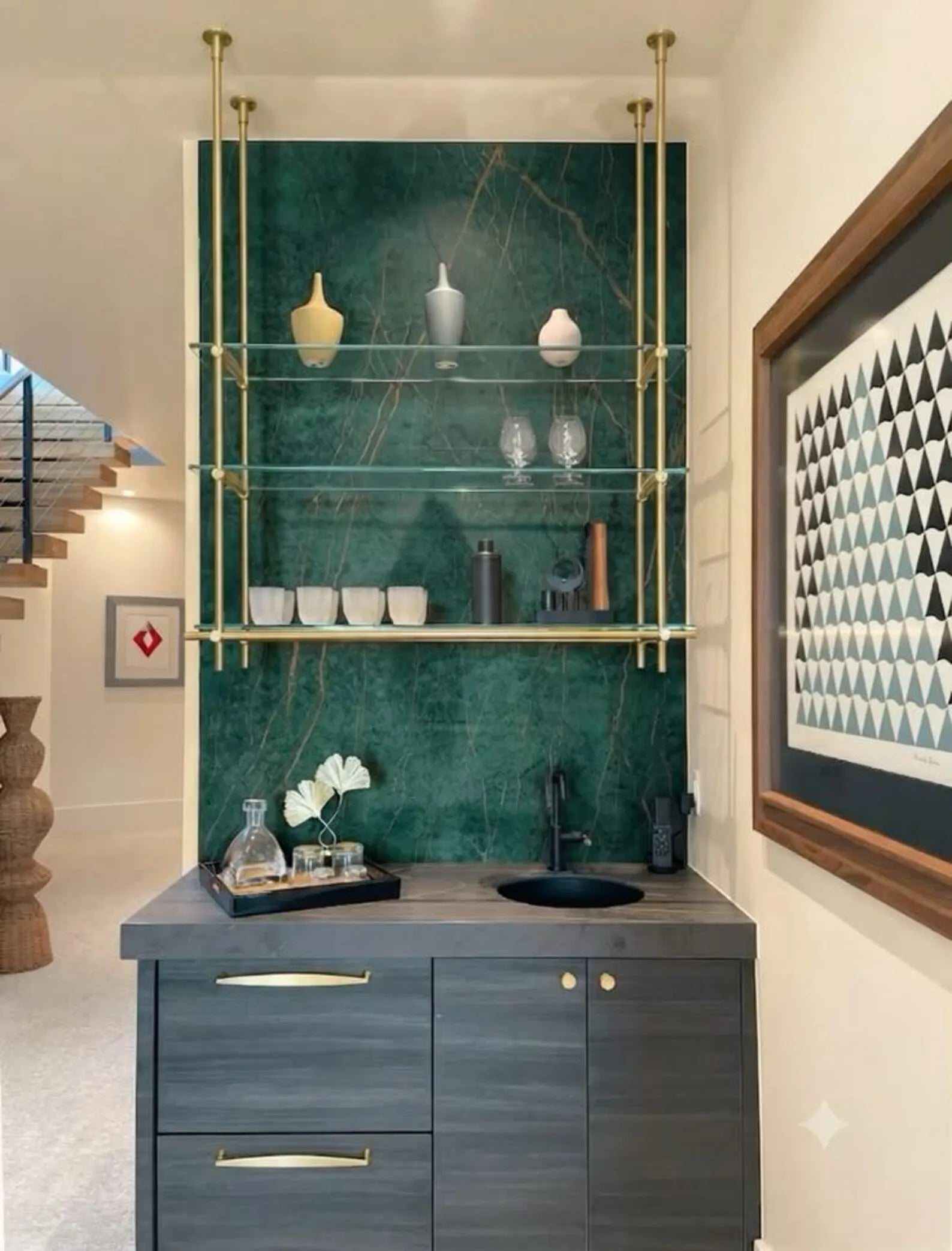 Ceiling Mounted Brass Bistro Shelving with Glass Shelves,  15" Deep Kitchen Shelf | Wine Display & Coffee Bar Shelf