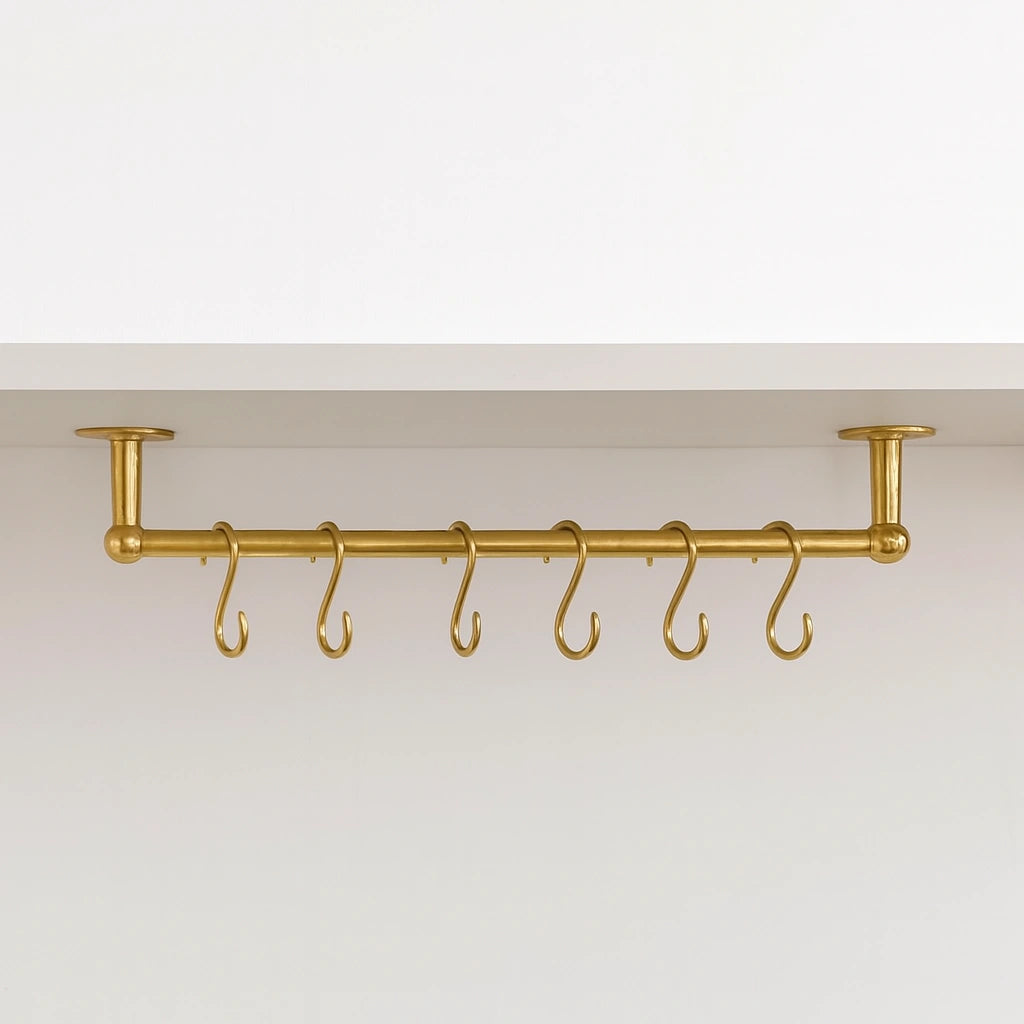 Ceiling Mounted Brass Rod with S-Hooks – Rustic Heavy Duty Hanging Bar