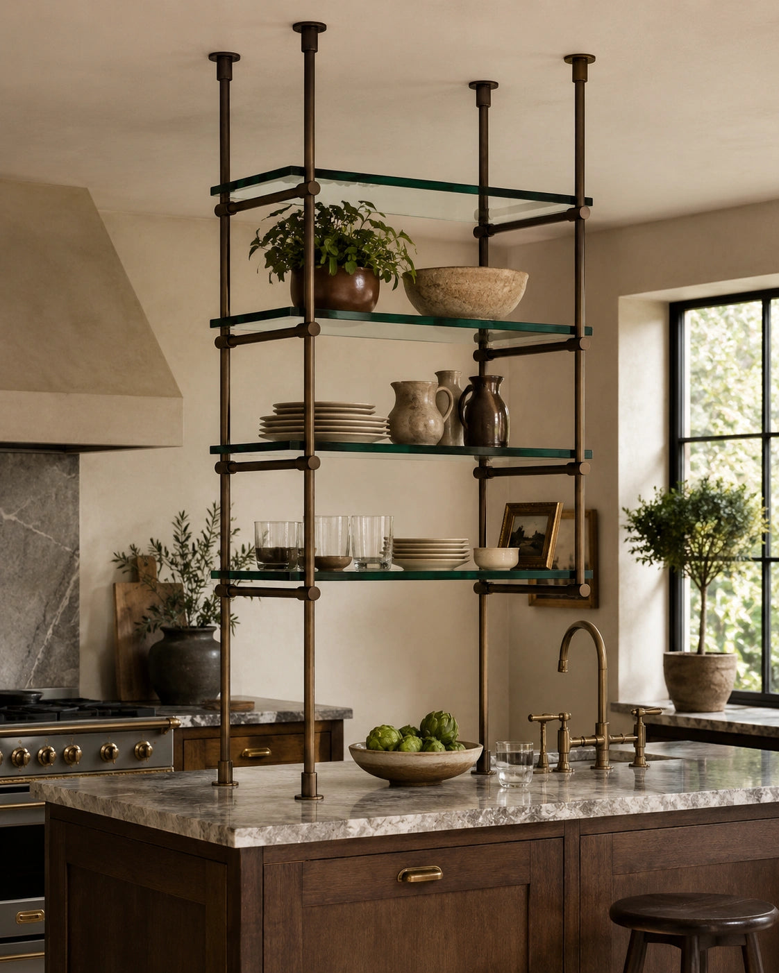 Floor to Ceiling Bronze Brass Shelving with Glass, 3-Shelf Display Unit – 30" Wide